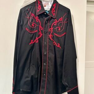 ROCKMOUNT RANCH WEAR Black Long Sleeve Sugar Skull men XL red design snap button